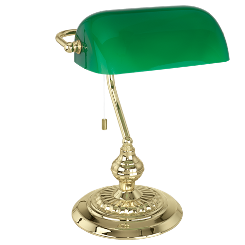 Banker bordlampe i metal messing med grøn malet glasskærm, med afbryder på lampe snortræk, MAX 60W E27, bredde 27,5 cm, højde 39